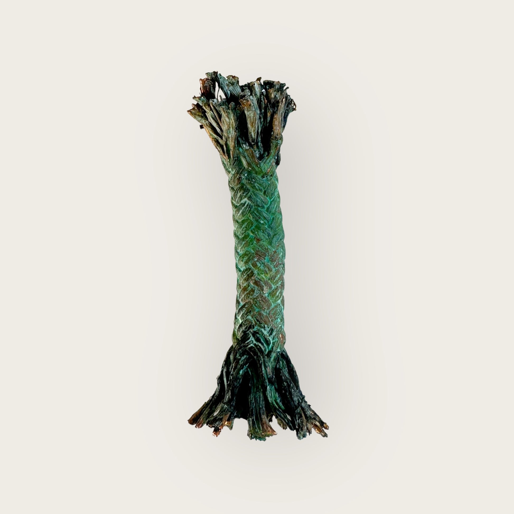 A vertical, intricately braided green and black rope brooch inspired by the San Telmo ship - in memoriam- with frayed edges, resembling a piece of twisted fabric or organic material, displayed against a plain light background, evokes contemporary nautical art.