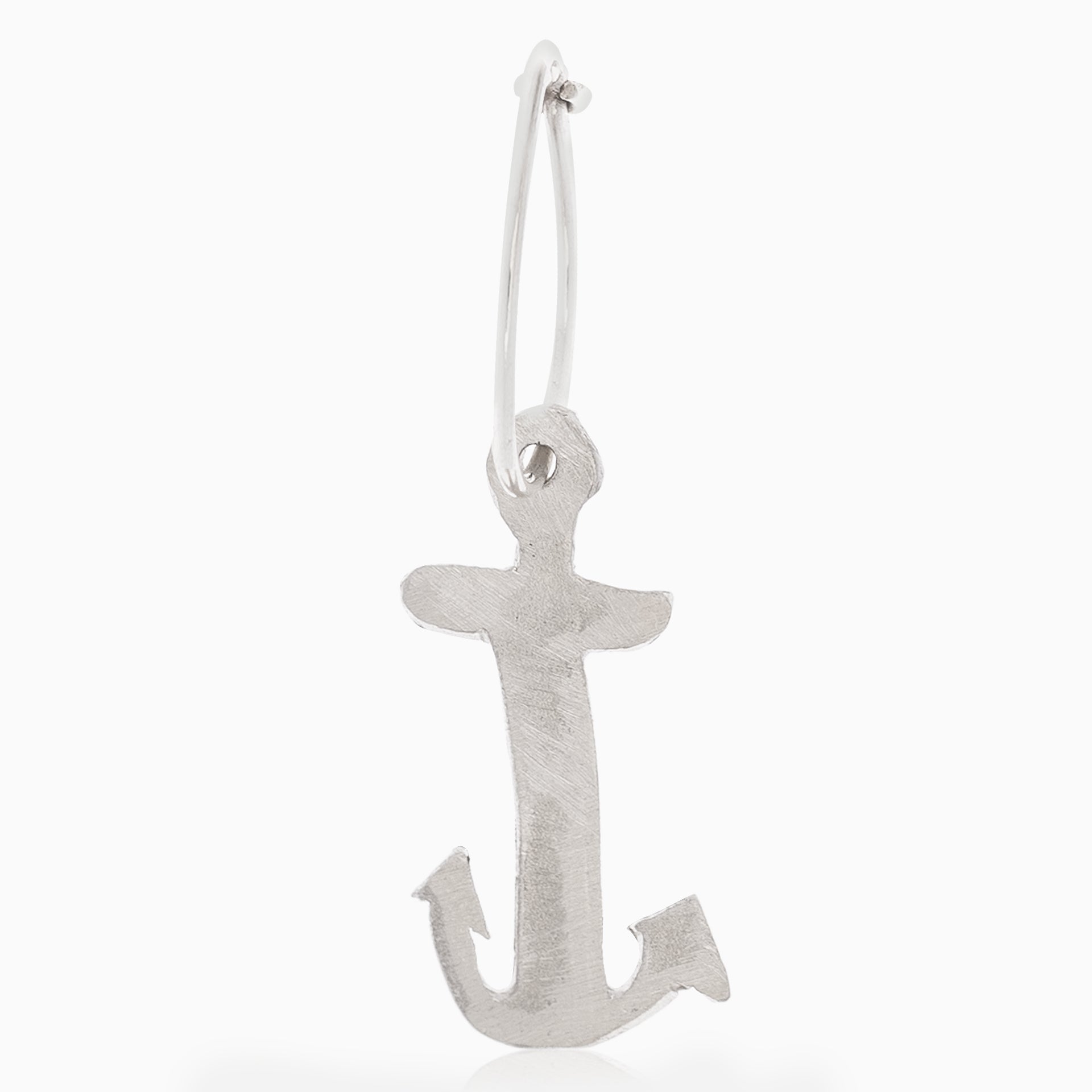 The Underwater Anchor Handmade Nautical Hoop Earring, crafted by Angela Lago, features a sterling silver small anchor-shaped pendant.